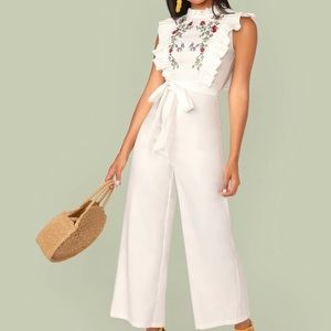 Mock neck ruffle trim belted embroidery
